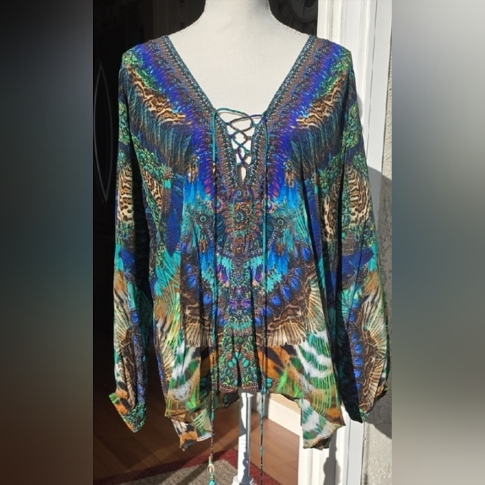 Camilla Blue and Green V-Neck Blouse